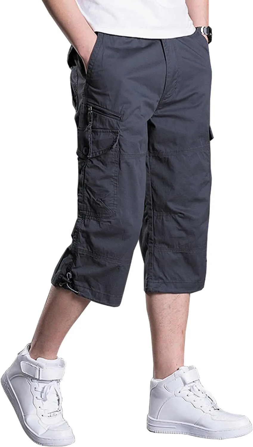 Men's Casual Cargo Shorts 16" Inseam Below Knee Multi Pocket 3/4 Capri Long Shorts Twill Relaxed Fit Pants