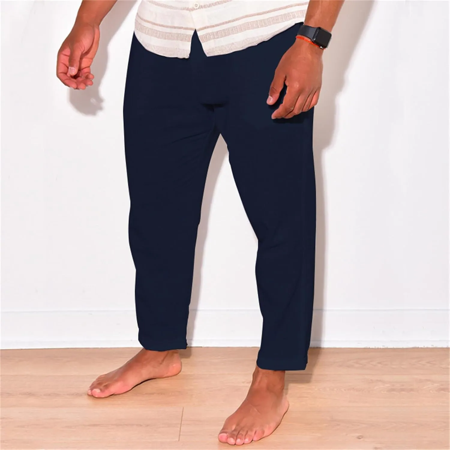 Mens Cotton Linen Casual Pants Drawstring Straight Elastic Waist Trousers Lightweight Slim Plaid Stretch Dress Pants