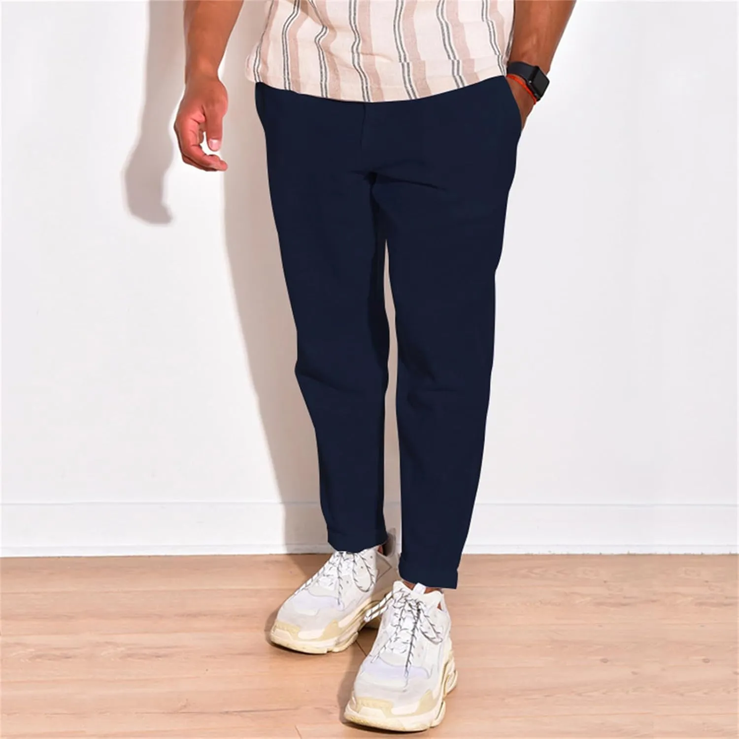 Mens Cotton Linen Casual Pants Drawstring Straight Elastic Waist Trousers Lightweight Slim Plaid Stretch Dress Pants