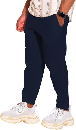Mens Cotton Linen Casual Pants Drawstring Straight Elastic Waist Trousers Lightweight Slim Plaid Stretch Dress Pants