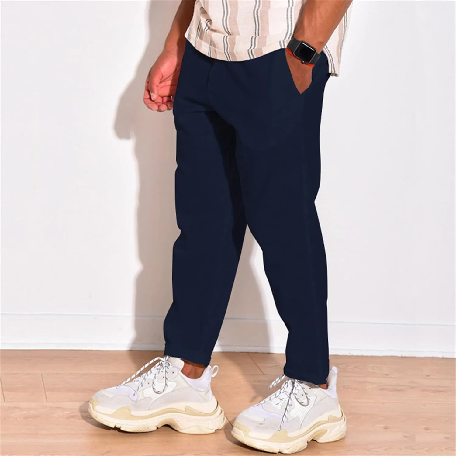 Mens Cotton Linen Casual Pants Drawstring Straight Elastic Waist Trousers Lightweight Slim Plaid Stretch Dress Pants