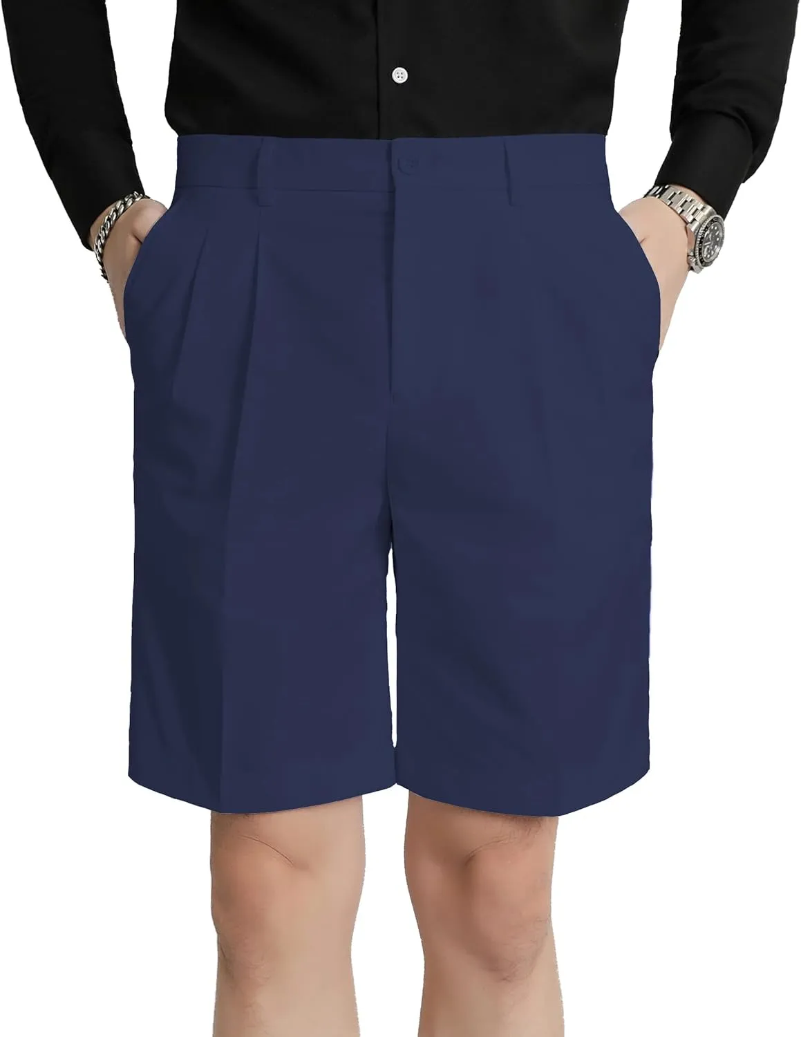 Men's Flat Front Pleat Dress Shorts for Golf, Casual and Formal Wear 9" Inseam
