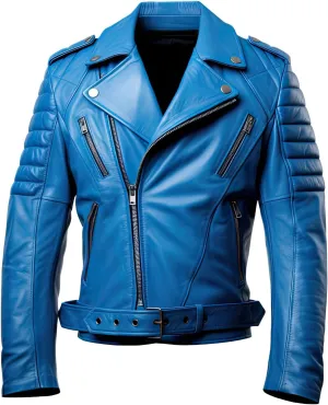 Mens Royal Blue Genuine Sheepskin Notch Lapel Collar Biker Rider Outfit Asymmetric Crossover Slim Fit Leather Jacket