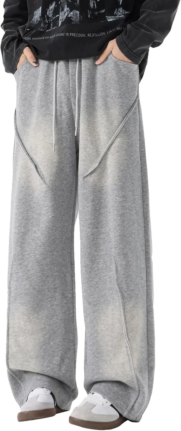 Men's Teen Y2k Baggy Wide Leg Sweatpants Acid Wash Loose Drawstring Elastic Waist Track Pants with Pockets