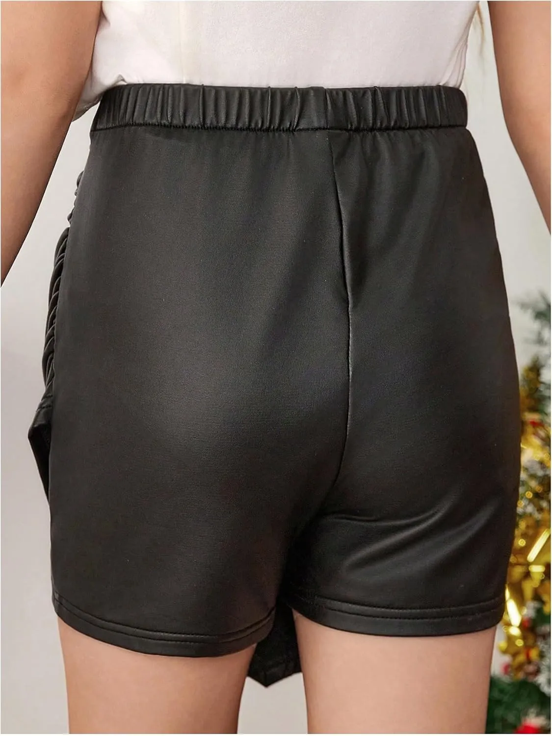 Milumia Girl's Ruched Faux Leather Skirt Asymmetrical Hem Skinny Mini Skorts