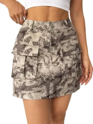 Milumia Women's Denim Skirt Camo Print Low Waisted Flap Pocket Jean Cargo Skirts