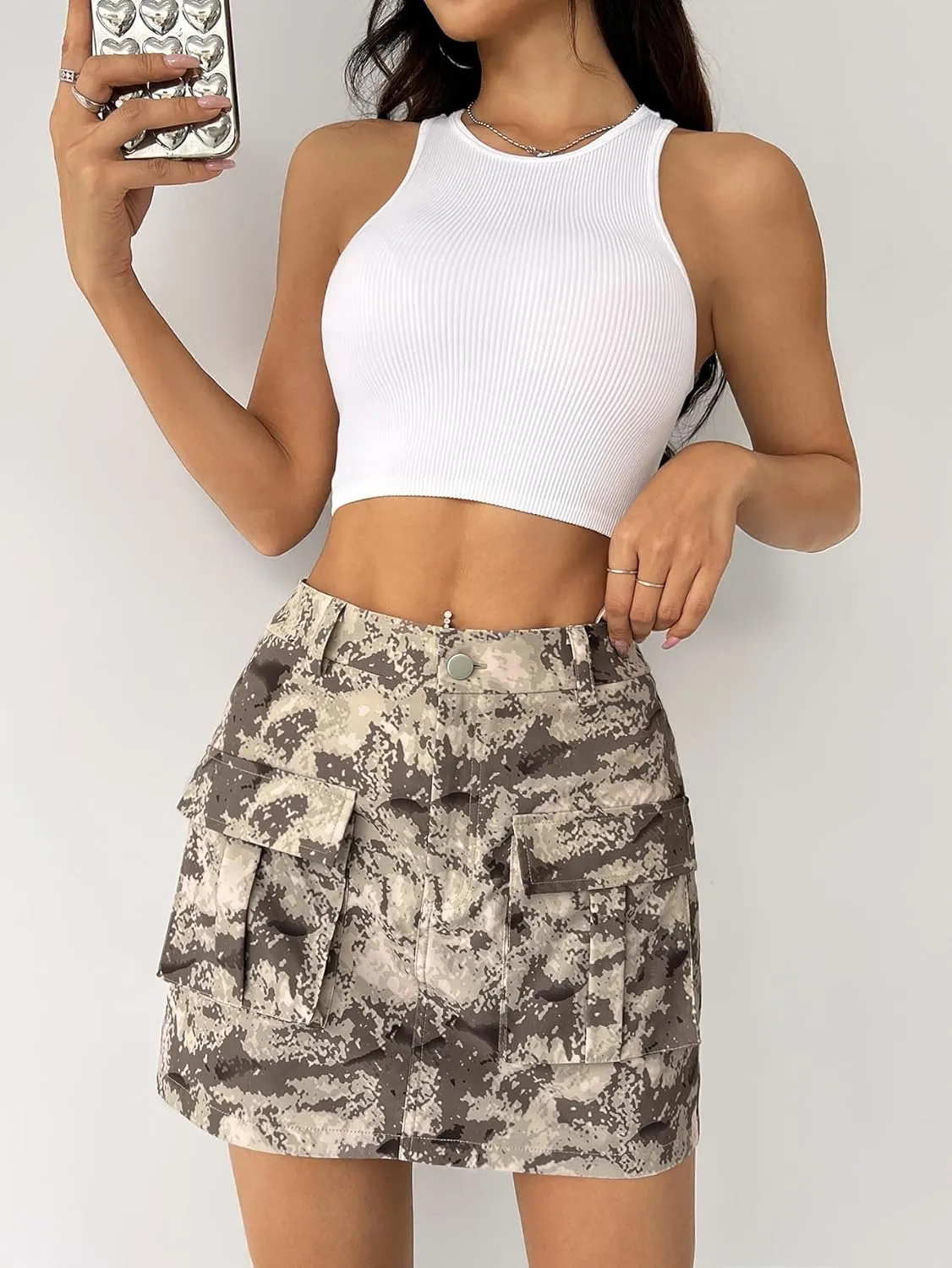 Milumia Women's Denim Skirt Camo Print Low Waisted Flap Pocket Jean Cargo Skirts