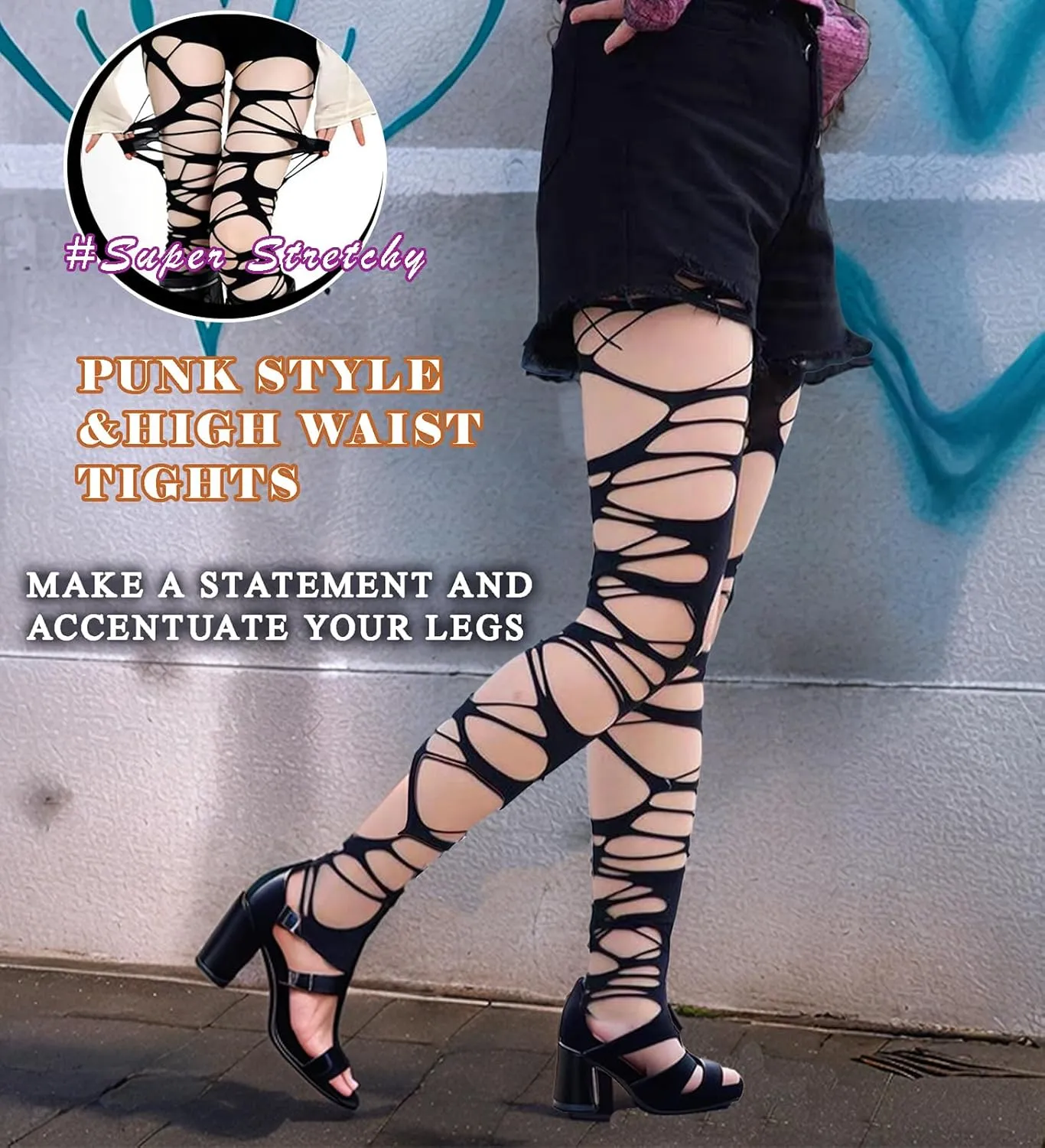 Mingnos Women's Ripped Tights Punk Goth Distressed Leggings Irregular Fishnet Stockings Y2K Ragged Pantyhose Hosiery