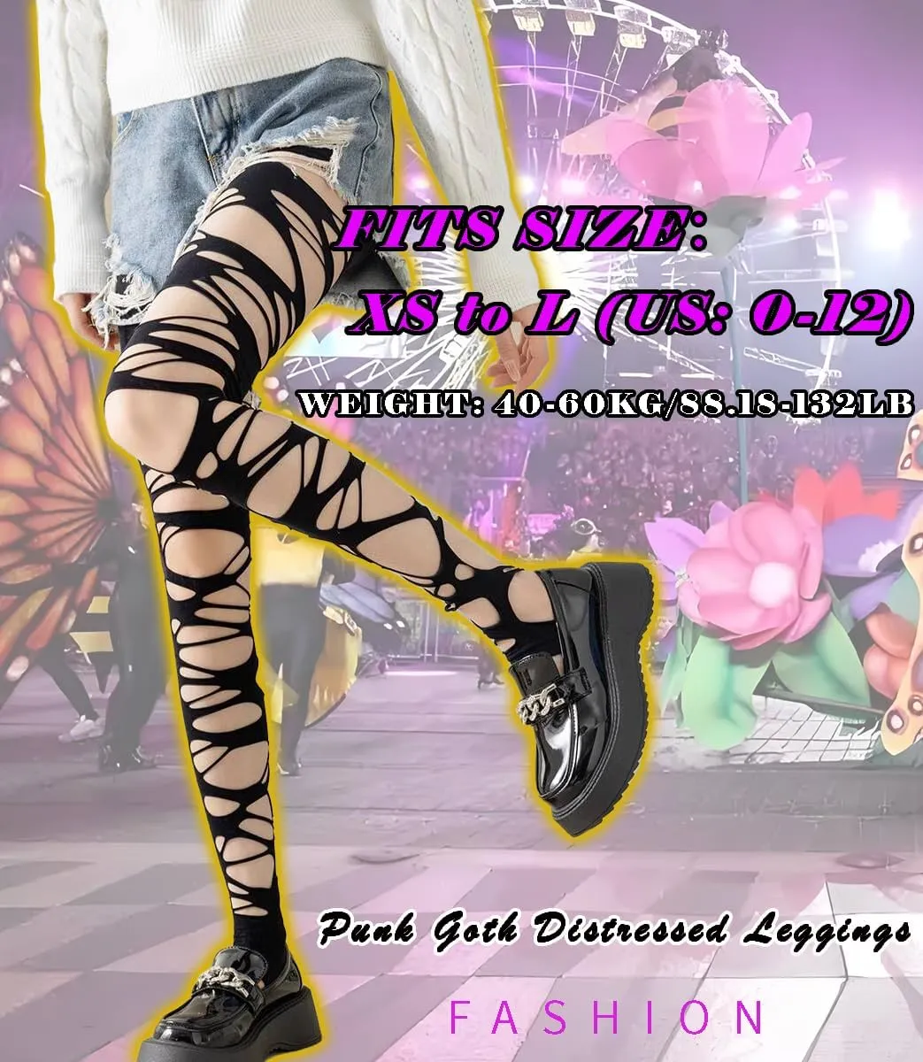 Mingnos Women's Ripped Tights Punk Goth Distressed Leggings Irregular Fishnet Stockings Y2K Ragged Pantyhose Hosiery
