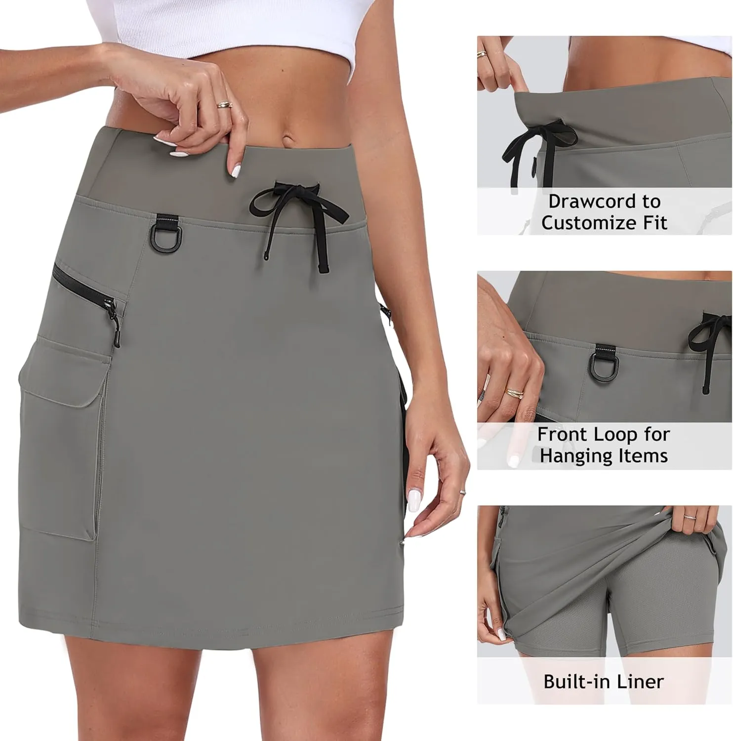 MoFiz Women's 18" Hiking Cargo Skort Athletic Skirt High Waist Golf Dressy Casual Sport Quick Dry Skirt with Zipper Pockets