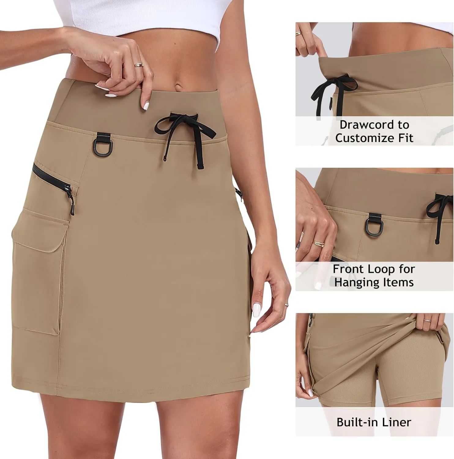 MoFiz Women's 18" Hiking Cargo Skort Athletic Skirt High Waist Golf Dressy Casual Sport Quick Dry Skirt with Zipper Pockets