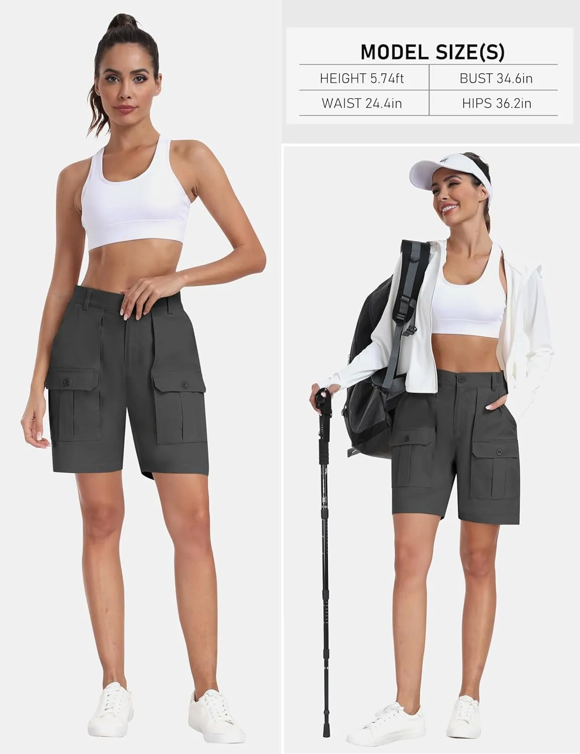 MoFiz Women's Cargo Bermuda Shorts Long Cotton Hiking Twill Chino Shorts Elastic Waist for Summer Casual Golf Travel Outdoor