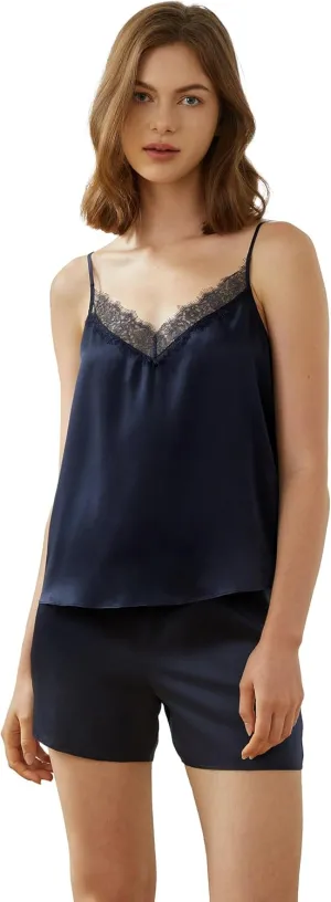 Mommesilk Silk Pajamas for Women Leaver Lace Silk Pajama Set 2 Piece Relaxed Camisole Top with Shorts Washable Summer
