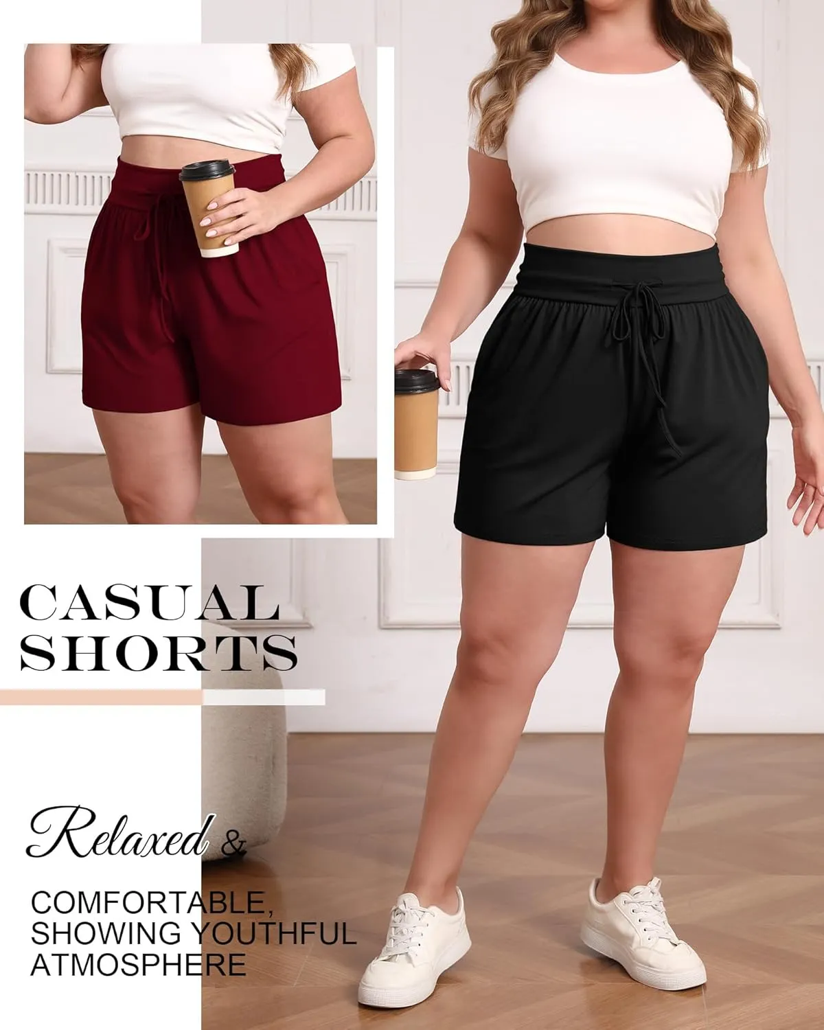 Neer 3 Pack Women's Plus Size Sweat Shorts, Cotton Drawstring Lounge Shorts Casual Summer Lightweight Soft Short with Pockets