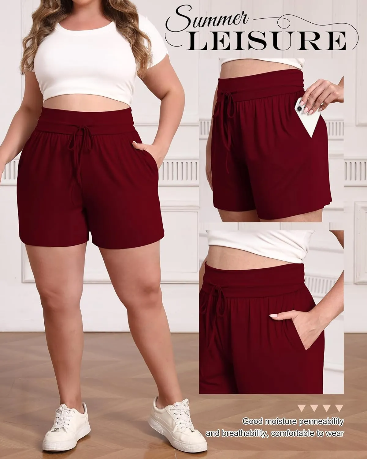 Neer 3 Pack Women's Plus Size Sweat Shorts, Cotton Drawstring Lounge Shorts Casual Summer Lightweight Soft Short with Pockets