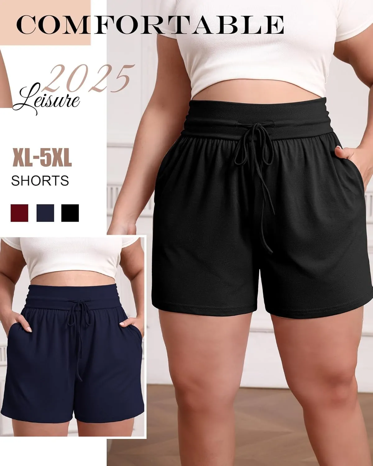 Neer 3 Pack Women's Plus Size Sweat Shorts, Cotton Drawstring Lounge Shorts Casual Summer Lightweight Soft Short with Pockets
