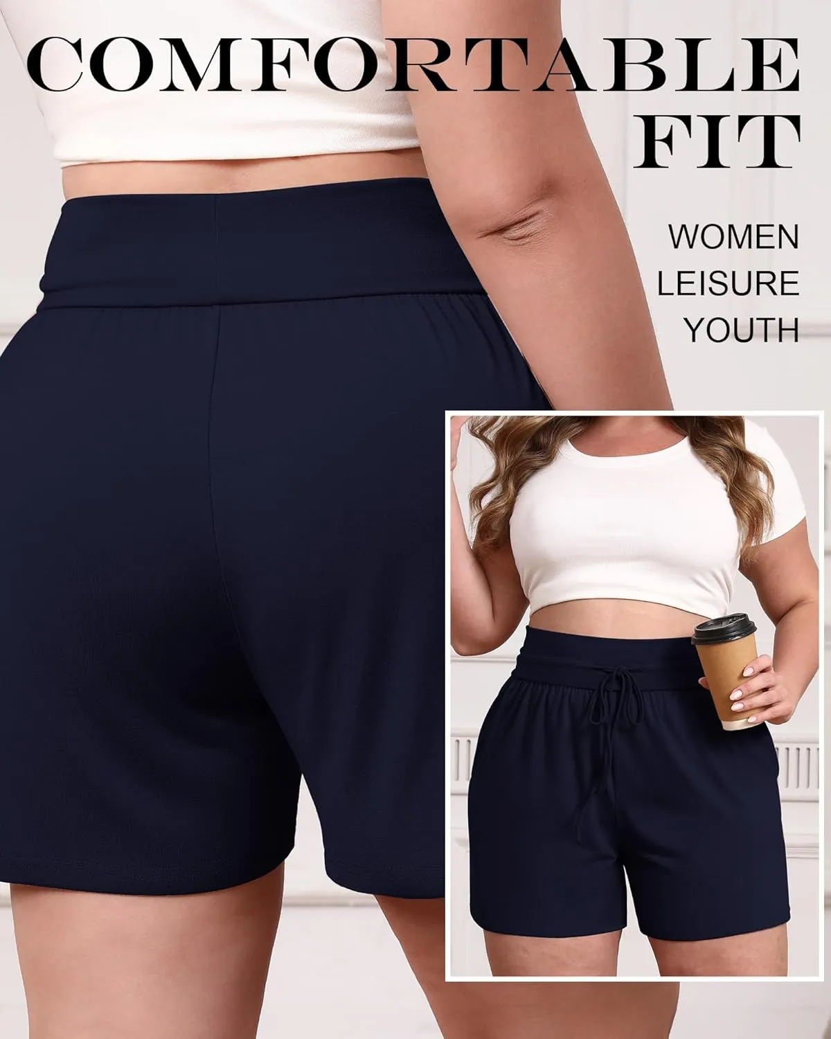 Neer 3 Pack Women's Plus Size Sweat Shorts, Cotton Drawstring Lounge Shorts Casual Summer Lightweight Soft Short with Pockets