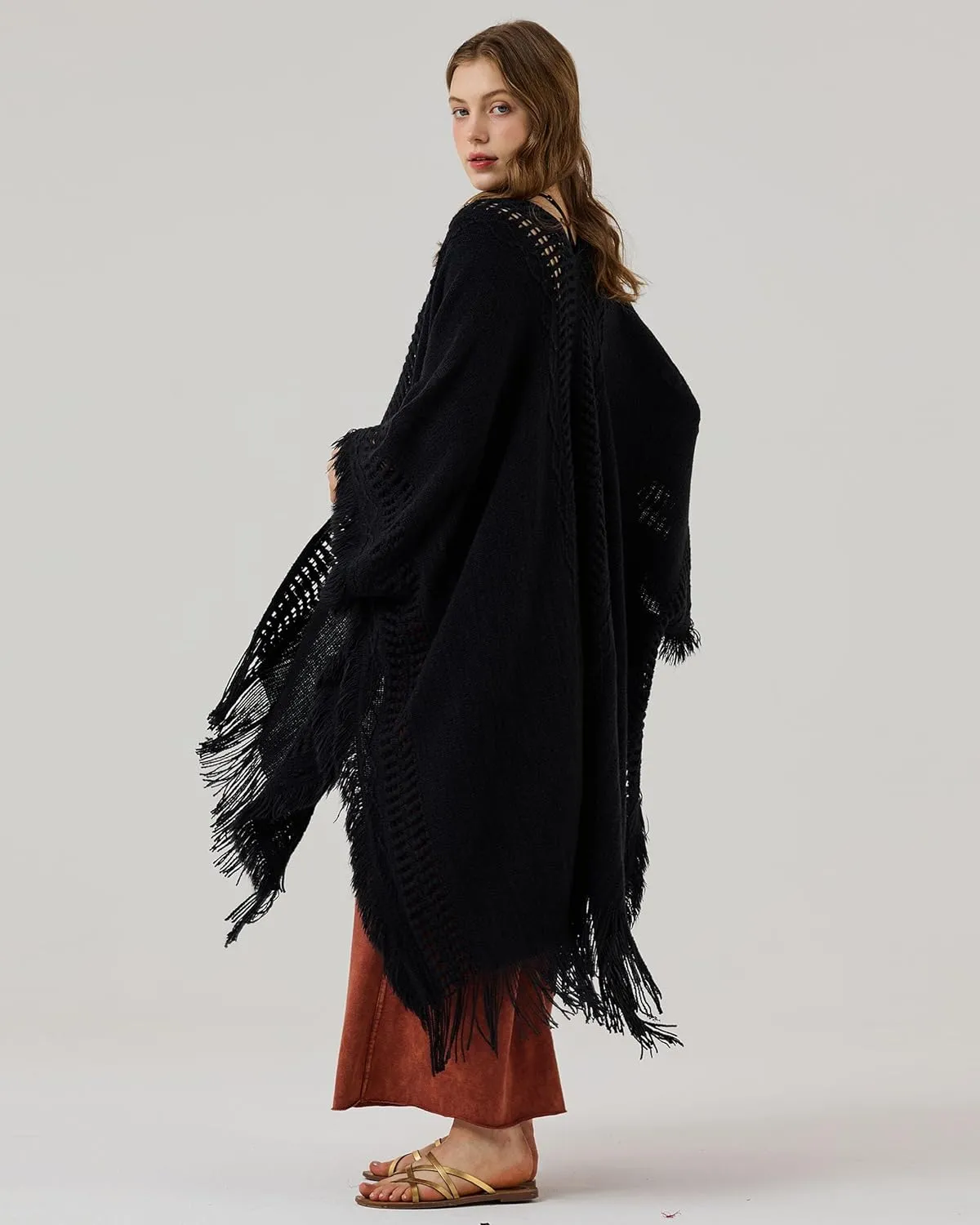 noflik Women's Boho Open Front Fringe Poncho Shawl Sweater Cardigan Long
