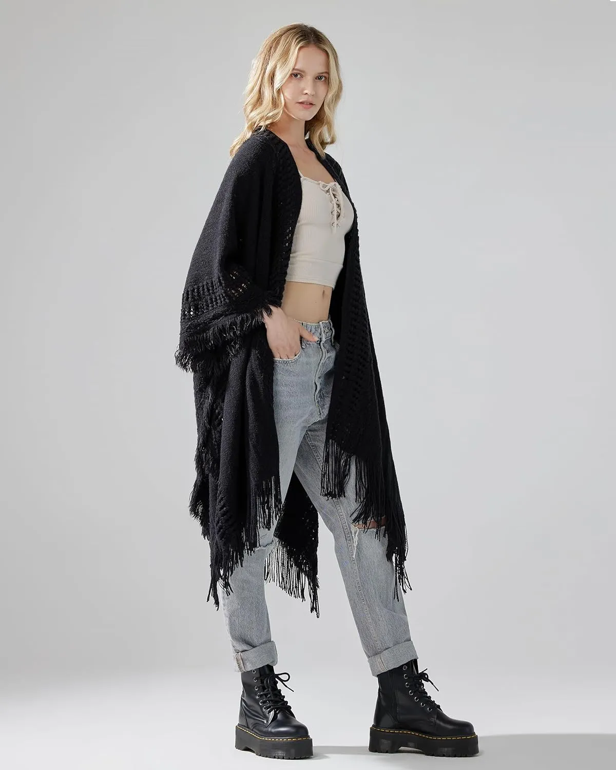 noflik Women's Boho Open Front Fringe Poncho Shawl Sweater Cardigan Long