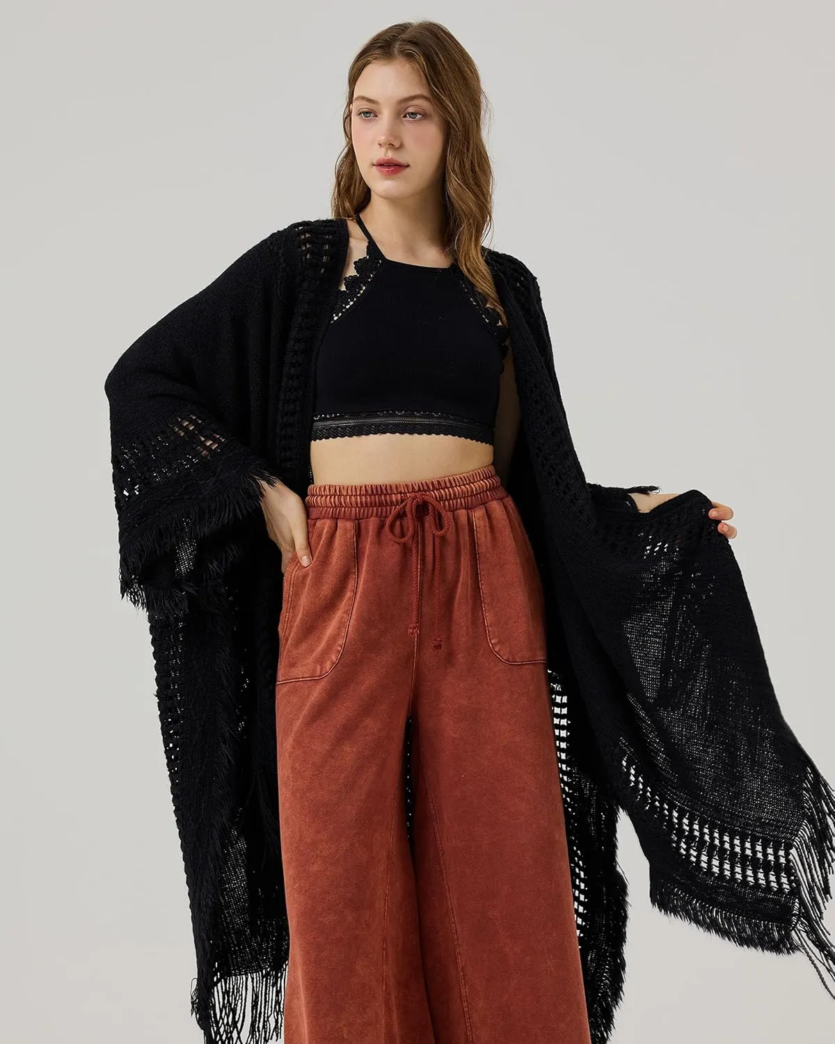 noflik Women's Boho Open Front Fringe Poncho Shawl Sweater Cardigan Long