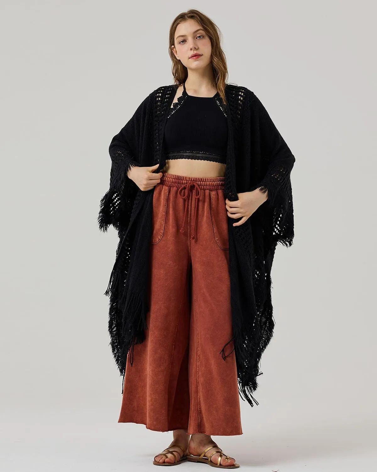 noflik Women's Boho Open Front Fringe Poncho Shawl Sweater Cardigan Long