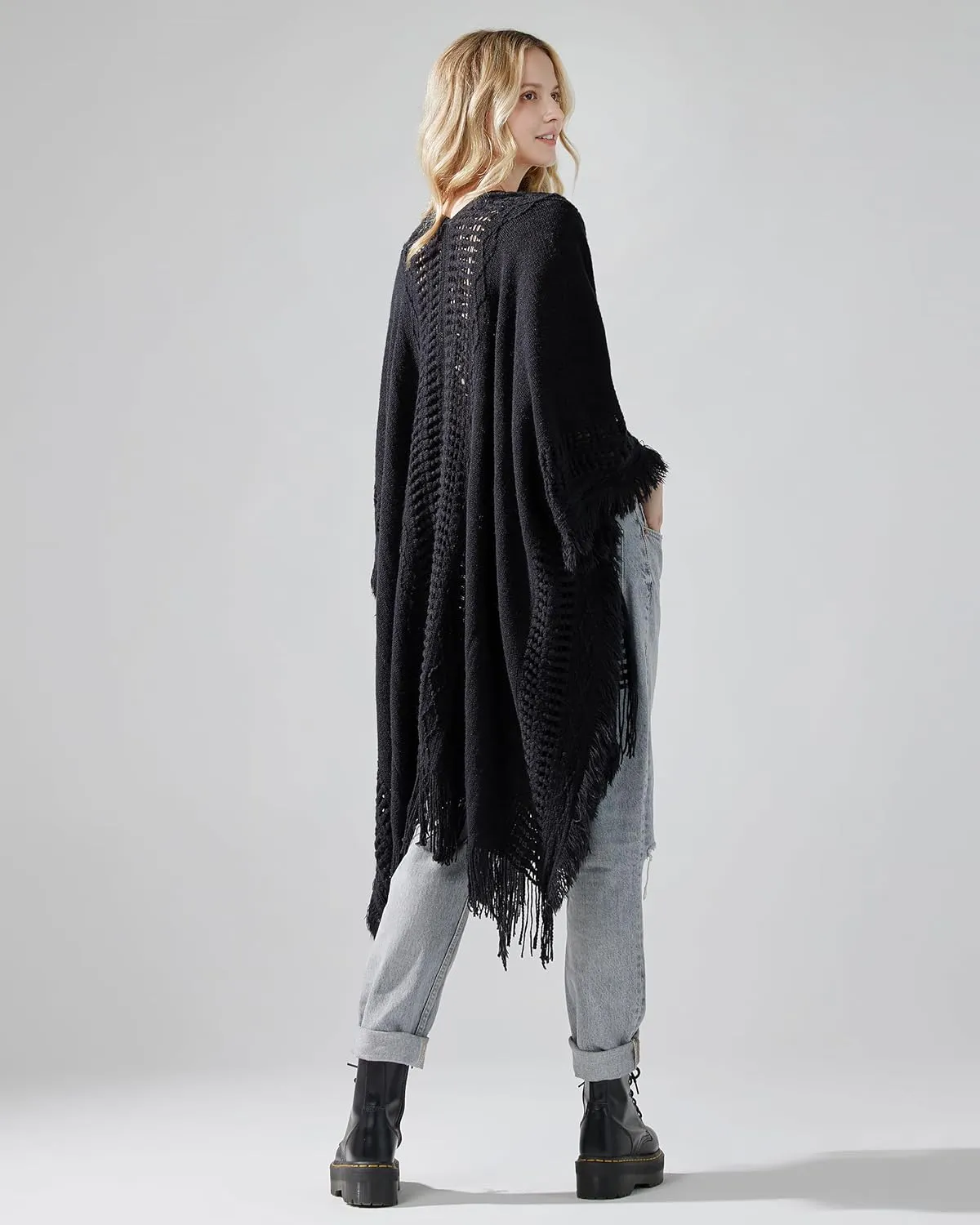 noflik Women's Boho Open Front Fringe Poncho Shawl Sweater Cardigan Long
