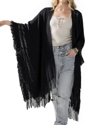 noflik Women's Boho Open Front Fringe Poncho Shawl Sweater Cardigan Long