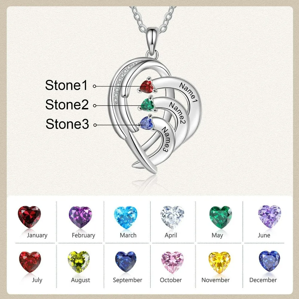 Personalized Engraved 3 Names And Birthstones Necklace