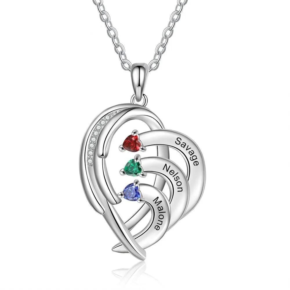 Personalized Engraved 3 Names And Birthstones Necklace