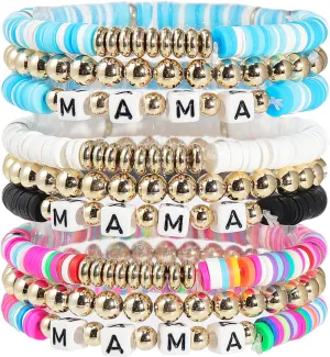 Pingyongchang 9 Pcs MAMA Heishi Bracelet Set Stackable Heishi Clay Beaded Stretch Surfer Bracelet Summer Beach Elastic Layering Bracelets for Women Mother Thanksgiving Mother's Day Gifts Jewelry