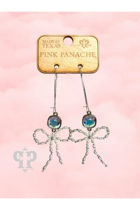 Pink Panache Pearl Bead Bow Dangle Earrings In Silver With Austrian Crystal