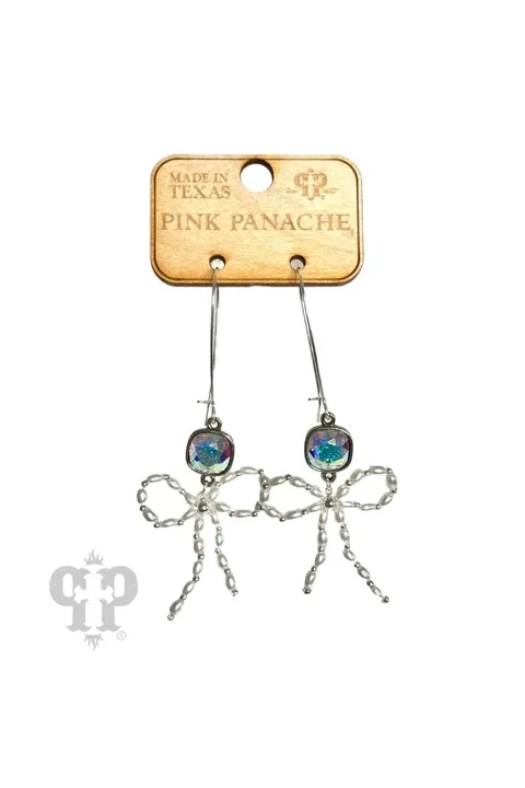 Pink Panache Pearl Bead Bow Dangle Earrings In Silver With Austrian Crystal