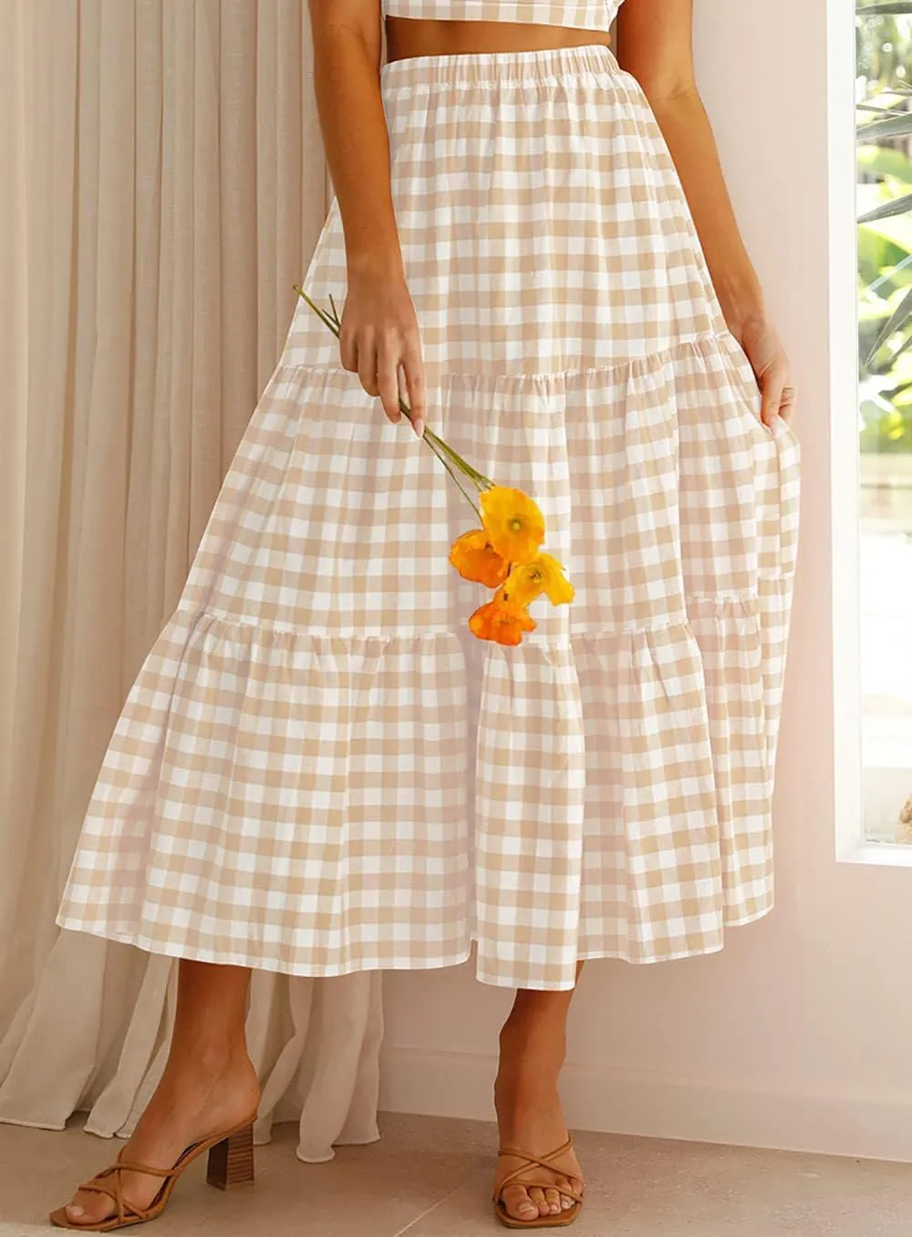 Plaid Skirt Women lastic High Waist Gingham Summer Plus Size Long Skirt A Line Long Skirt