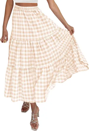 Plaid Skirt Women lastic High Waist Gingham Summer Plus Size Long Skirt A Line Long Skirt