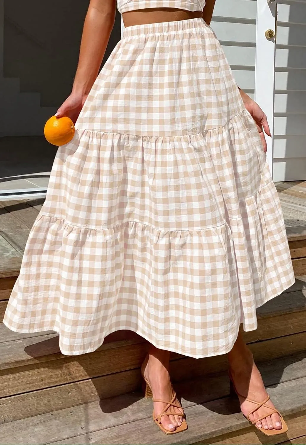 Plaid Skirt Women lastic High Waist Gingham Summer Plus Size Long Skirt A Line Long Skirt