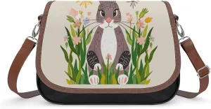 PU Leather Crossbody Bag Funky Animal Bunny Print Flapover Tote Bag Shoulder Handbag Purse for Women with Adjustable Strap