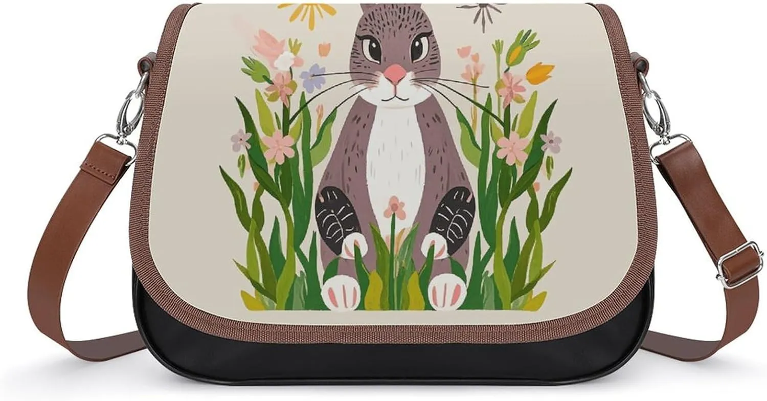 PU Leather Crossbody Bag Funky Animal Bunny Print Flapover Tote Bag Shoulder Handbag Purse for Women with Adjustable Strap