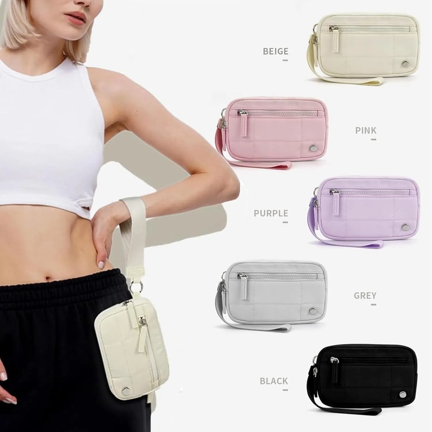 Puffer Wristlet Wallet Fits Phone, Nylon Quilted Purse, Essential Wristlet Wallets, Pouch Wallet with 3 Zipper