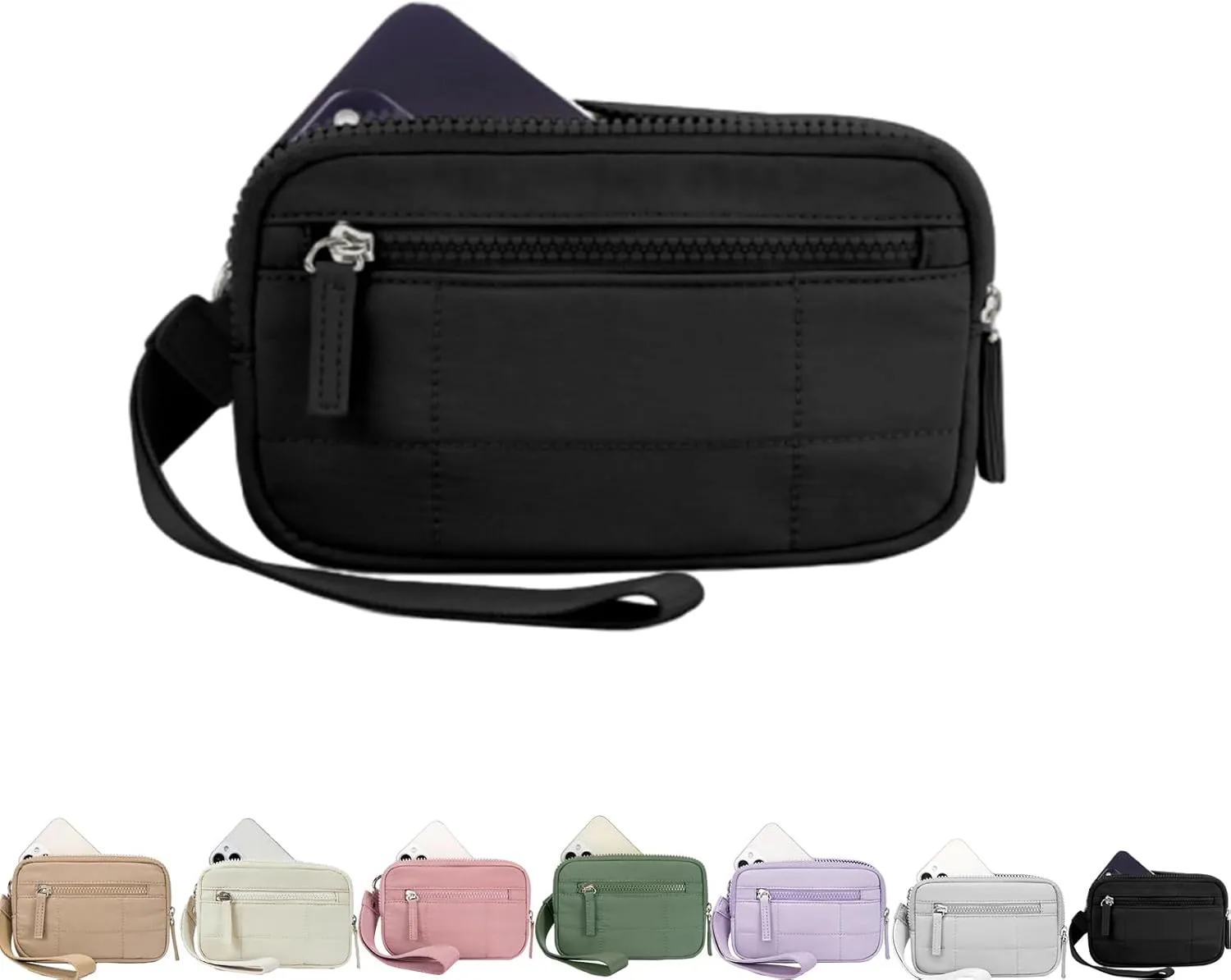 Puffer Wristlet Wallet Fits Phone, Nylon Quilted Purse, Essential Wristlet Wallets, Pouch Wallet with 3 Zipper