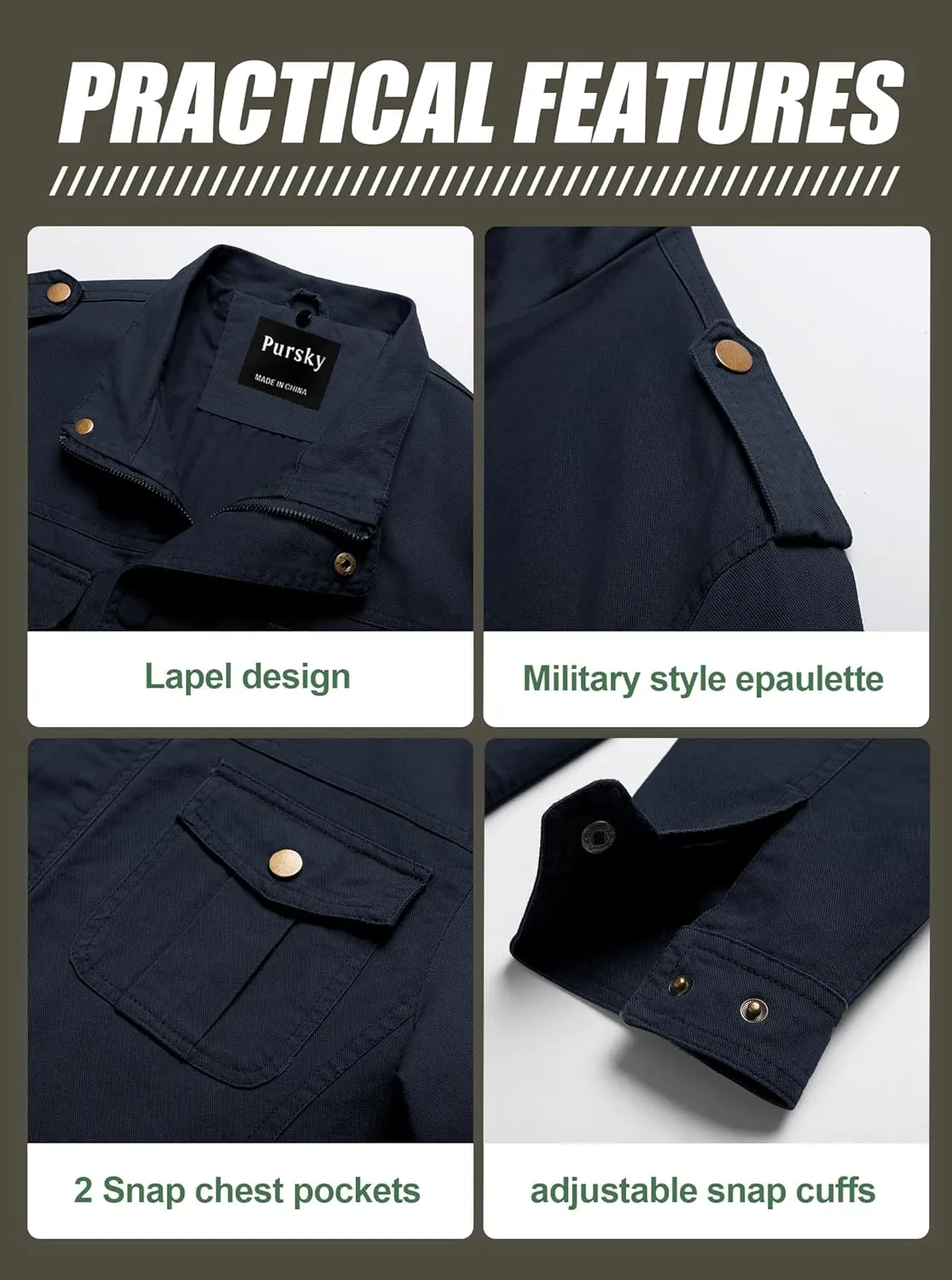 Pursky Men's Military Jacket Casual Washed Cotton Hooded Canvas Coat Fall Coat