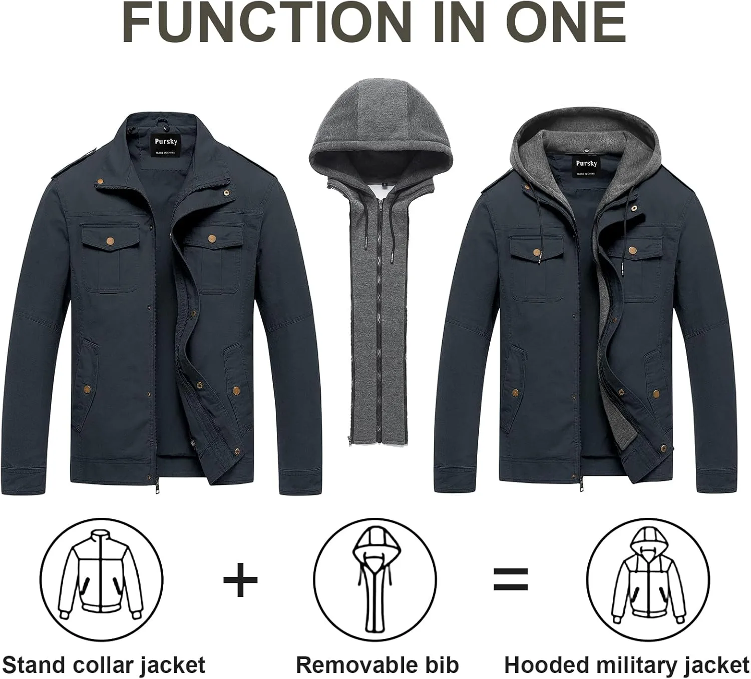 Pursky Men's Military Jacket Casual Washed Cotton Hooded Canvas Coat Fall Coat