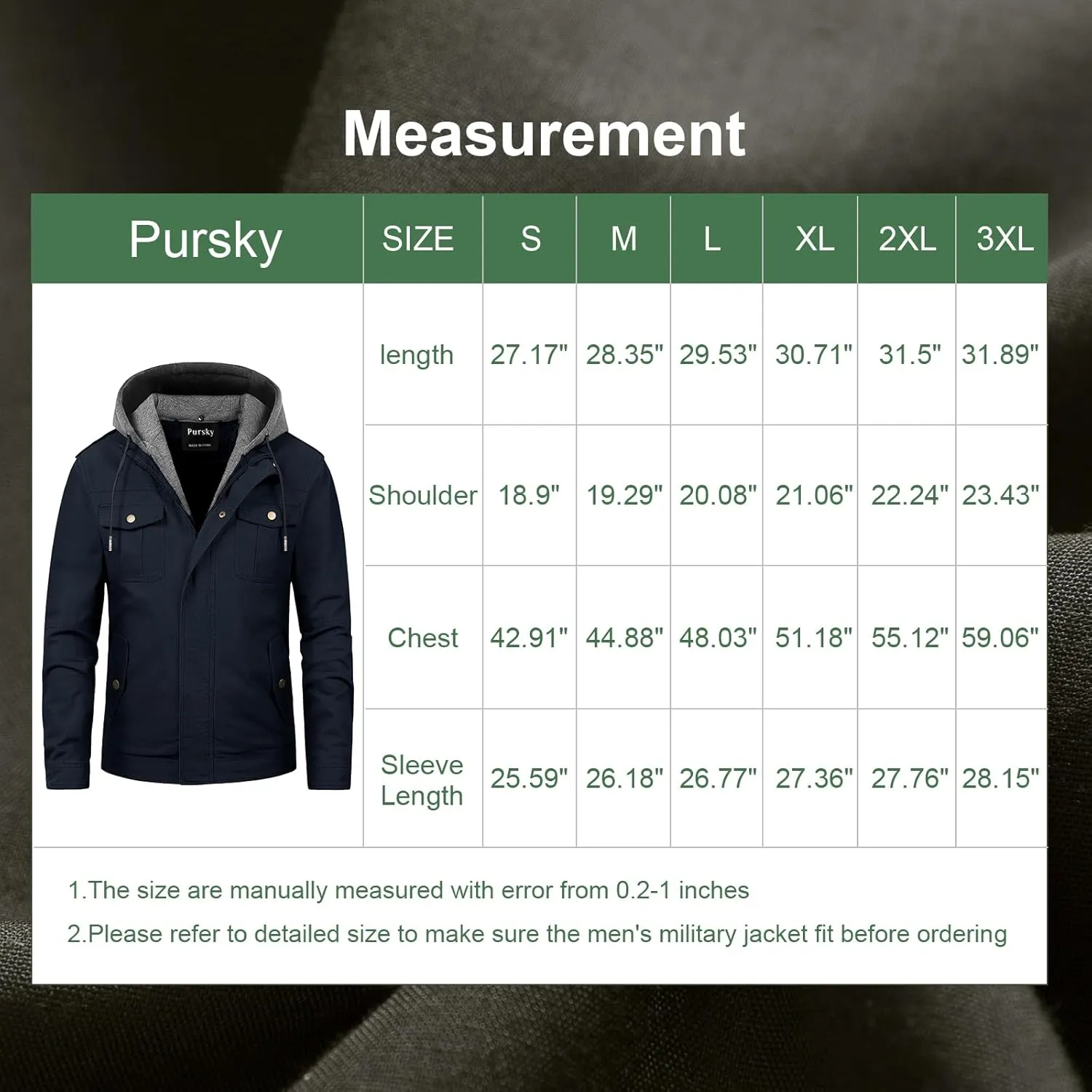 Pursky Men's Military Jacket Casual Washed Cotton Hooded Canvas Coat Fall Coat