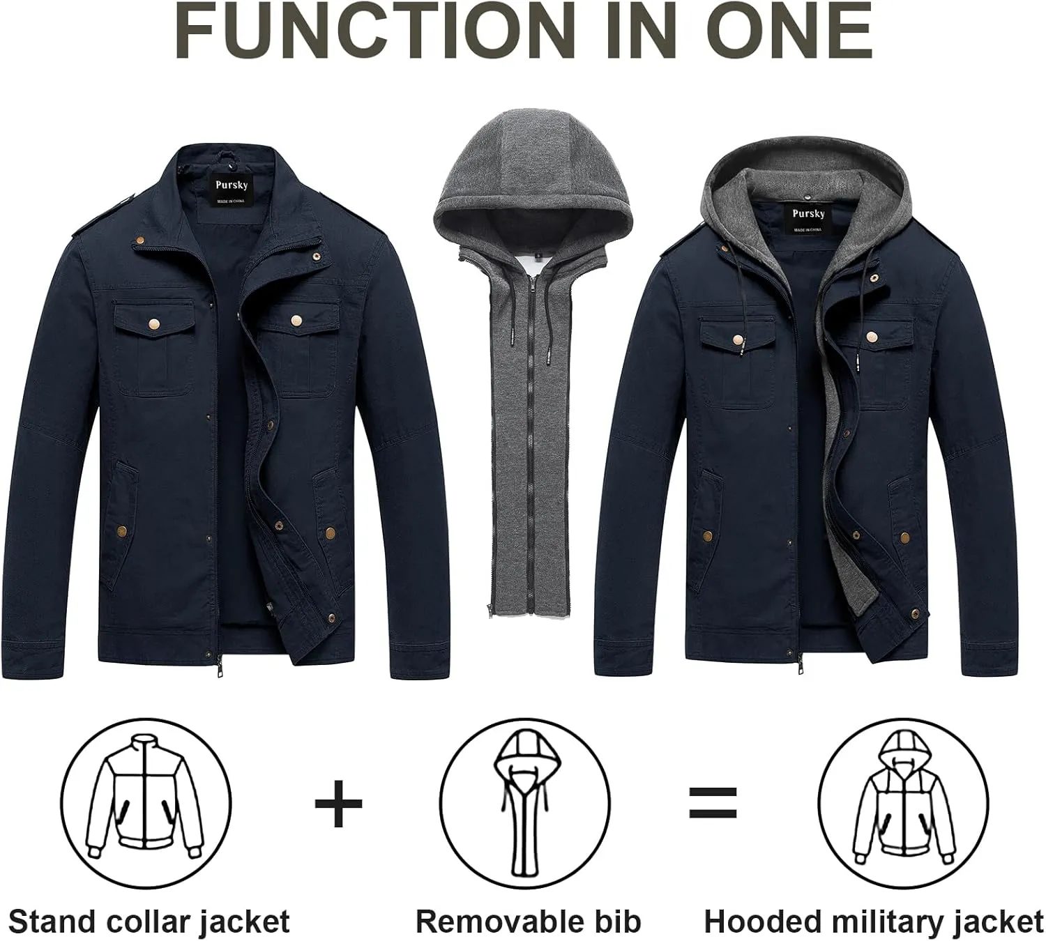 Pursky Men's Military Jacket Casual Washed Cotton Hooded Canvas Coat Fall Coat