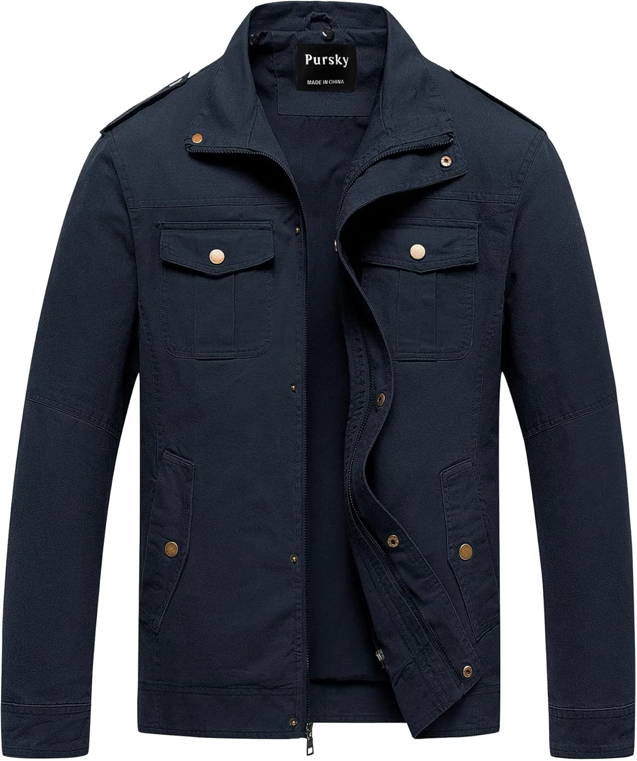 Pursky Men's Military Jacket Casual Washed Cotton Hooded Canvas Coat Fall Coat