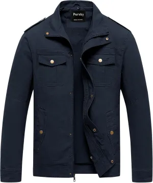 Pursky Men's Military Jacket Casual Washed Cotton Hooded Canvas Coat Fall Coat
