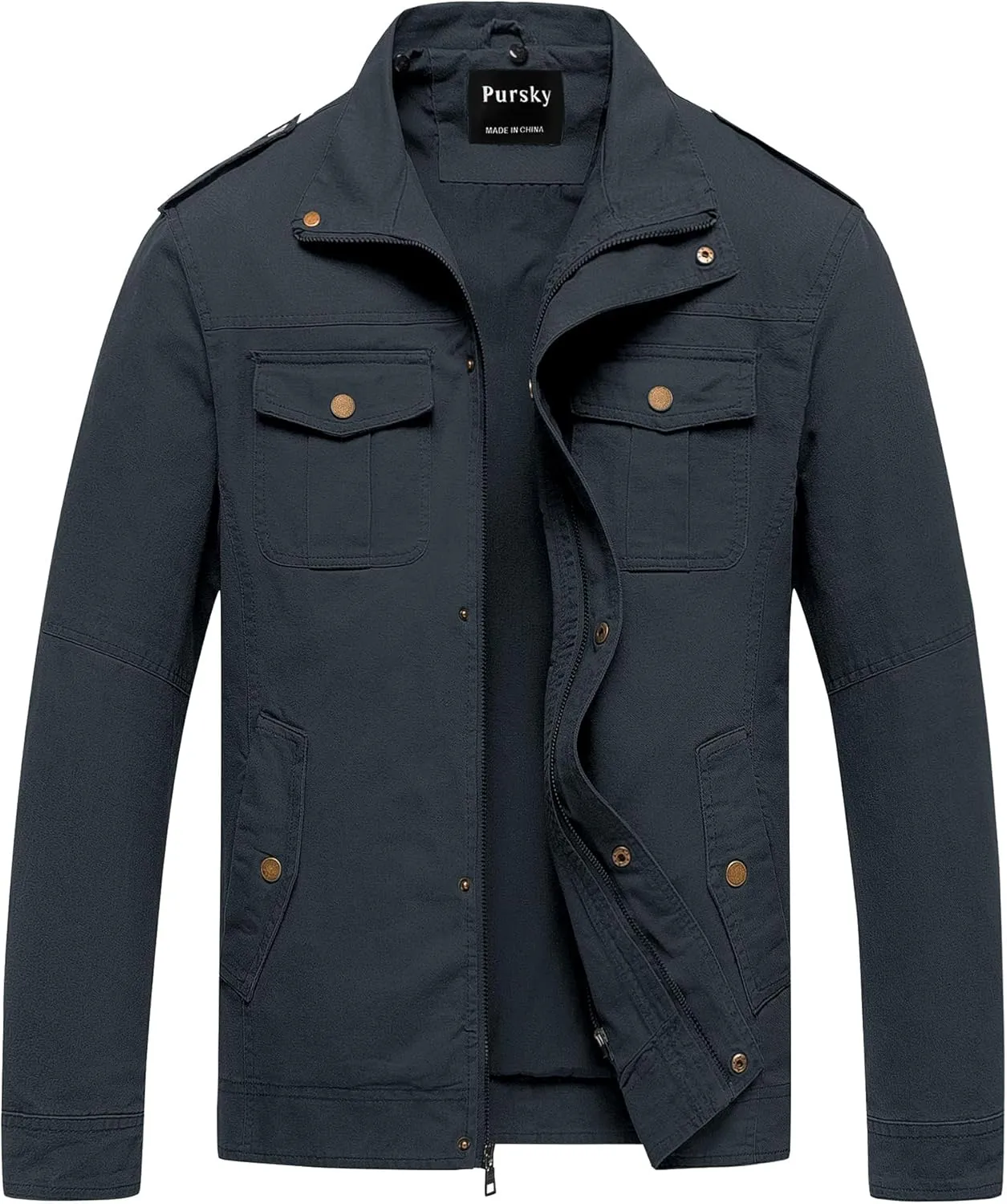 Pursky Men's Military Jacket Casual Washed Cotton Hooded Canvas Coat Fall Coat