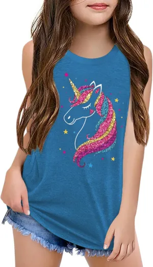 Qbily Tank Tops for Girls Kids Summer Casual Cute Sleeveless Crewneck Graphic T Shirt 5-14 Years