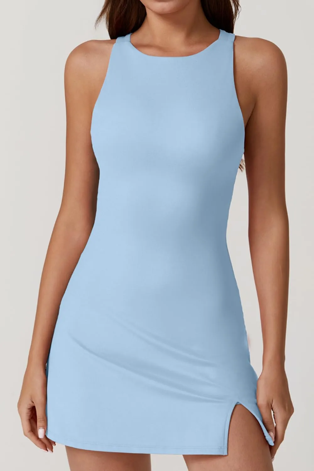 QINSEN Womens Crewneck Criss Cross Open Back Tennis Dress Sleeveless Built in Shorts Golf Athletic Dresses with Pockets