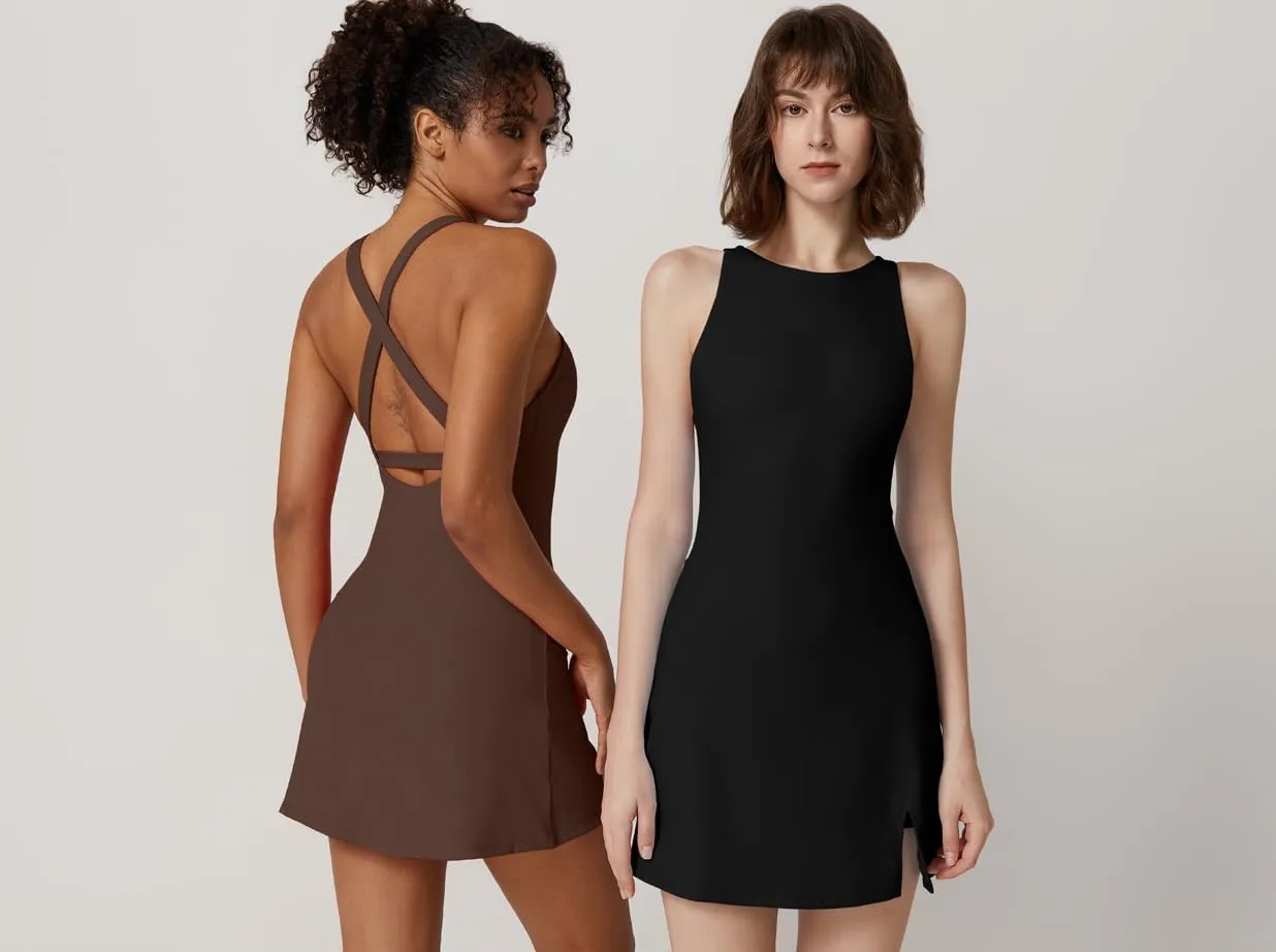 QINSEN Womens Crewneck Criss Cross Open Back Tennis Dress Sleeveless Built in Shorts Golf Athletic Dresses with Pockets