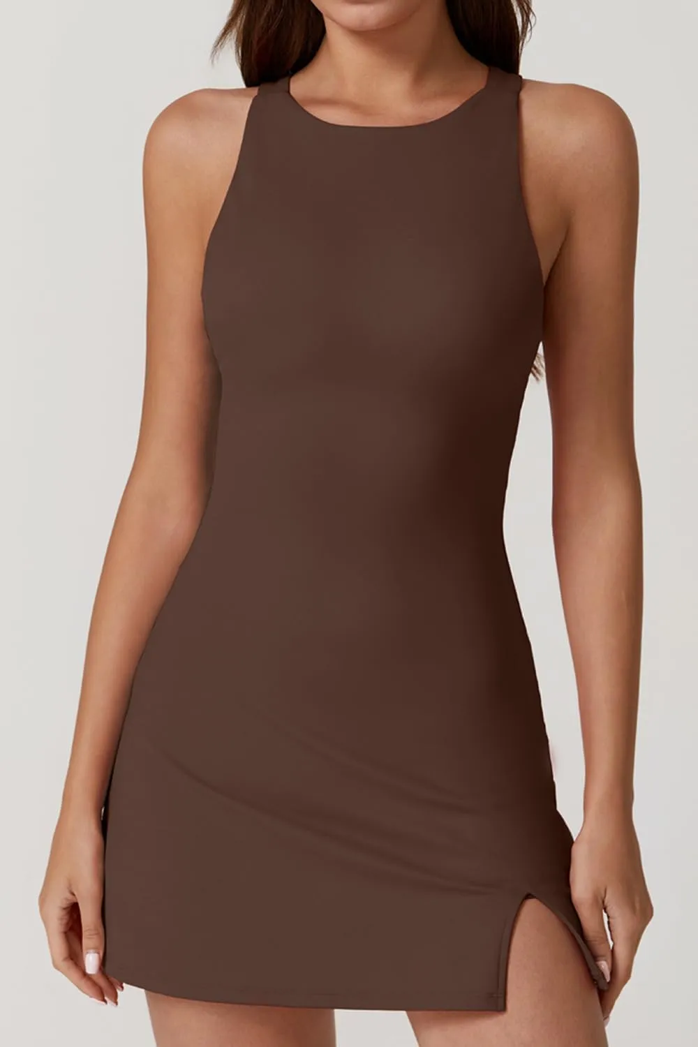 QINSEN Womens Crewneck Criss Cross Open Back Tennis Dress Sleeveless Built in Shorts Golf Athletic Dresses with Pockets
